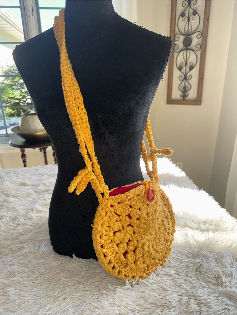 VTG Handmade Yellow Crochet Round Crossbody Bag - Picture 4 of 6